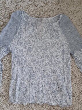 Lucky Brand Womens Medium Boho Peasant Blouse Floral Striped Sleeve Flowy V Neck